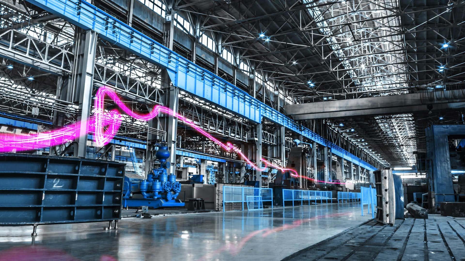 Modern industrial facility with blue and pink lighting