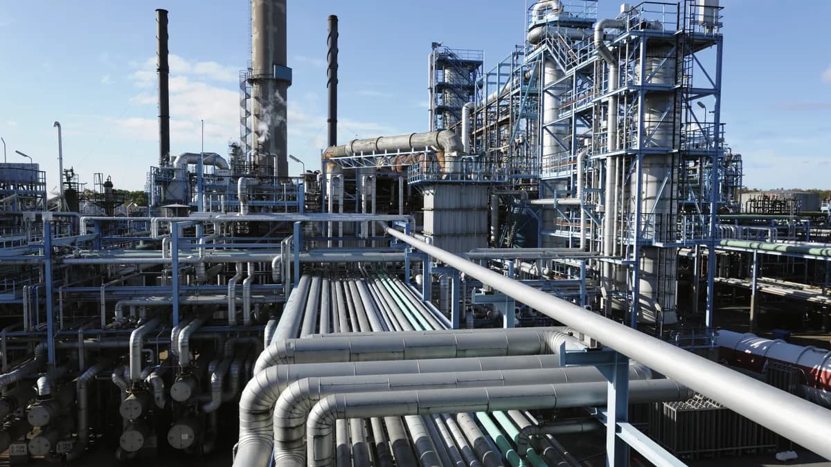 Complex network of industrial pipes at an oil refinery